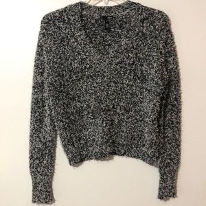 3/$20 AQUA Black & White Fuzzy Fringe V-Neck Sweater